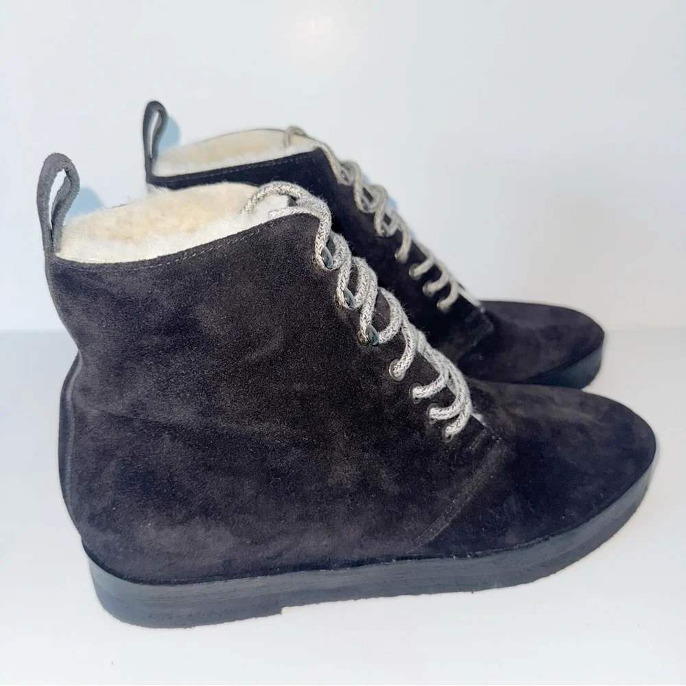 Jenni Kayne Canyon Shearling Ankle Boots Black Suede Size 40/9 Lace-Up Booties